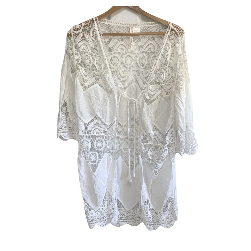 Forgotten Grace Crochet Lace Kimono Womens M White Tie Front Boho Soft Girl
